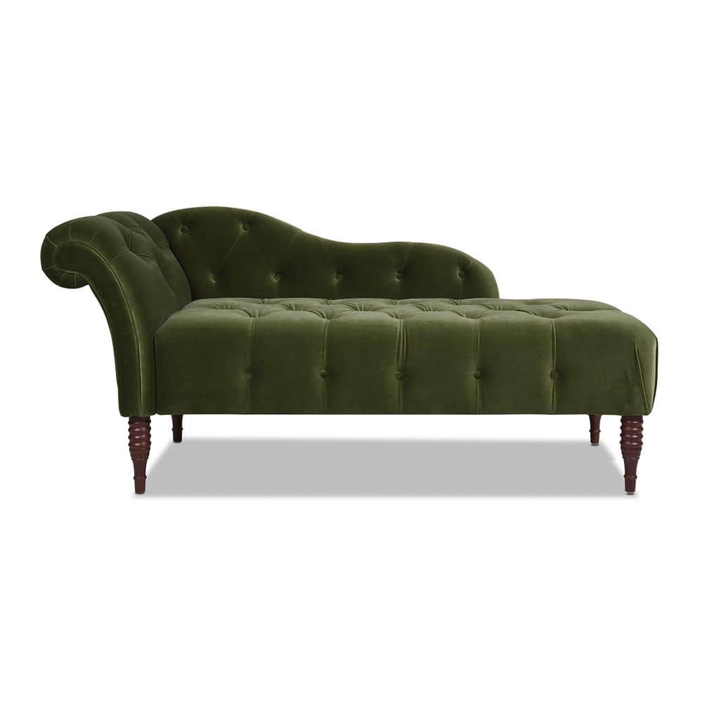 Olive Green Velvet Tufted Chaise Lounge with Wood Legs