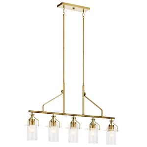 Everett 42 in. 5-Light Natural Brass Vintage Industrial Island Linear Chandelier for Kitchen