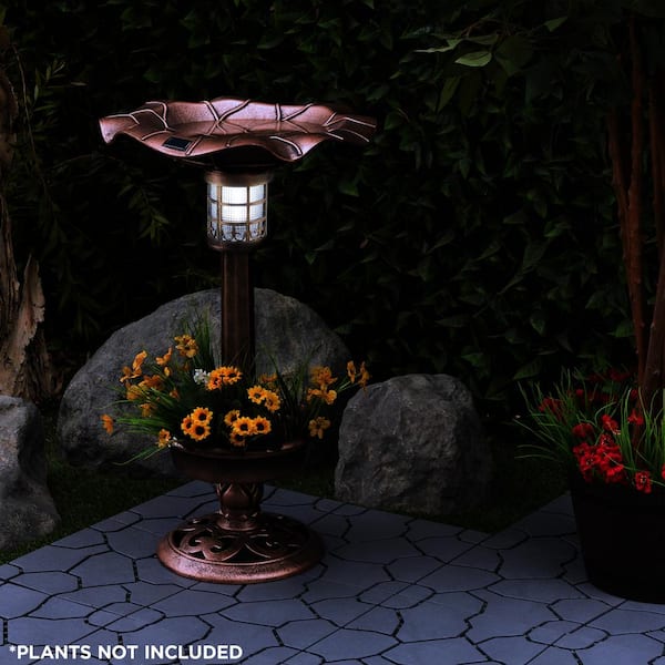 Antique Outdoor Bird Bath Solar LED Light Garden Vintage Planter Pedestal Decor 
