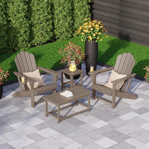 WESTIN OUTDOOR Aderson 4-Piece All Weather Outdoor Patio Weathered Wood Plastic Adirondack Cup Holder Chairs, Table Converstation Set