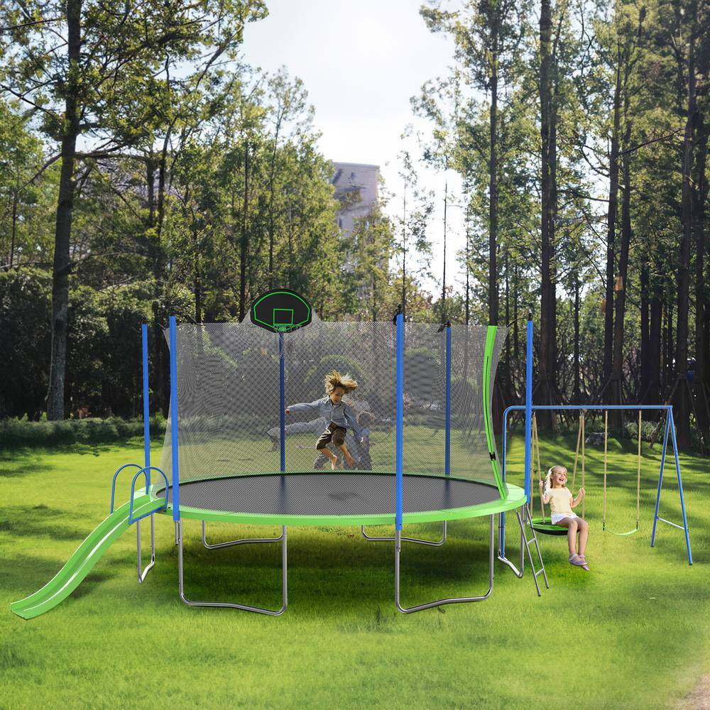 14FT Green Trampoline with Slide, Swings, and Basketball Hoop