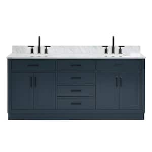 Hepburn 73 in. W x 22 in. D x 35.25 in. H Bath Vanity in Blue with Carrara Marble Vanity Top in White with White Basins