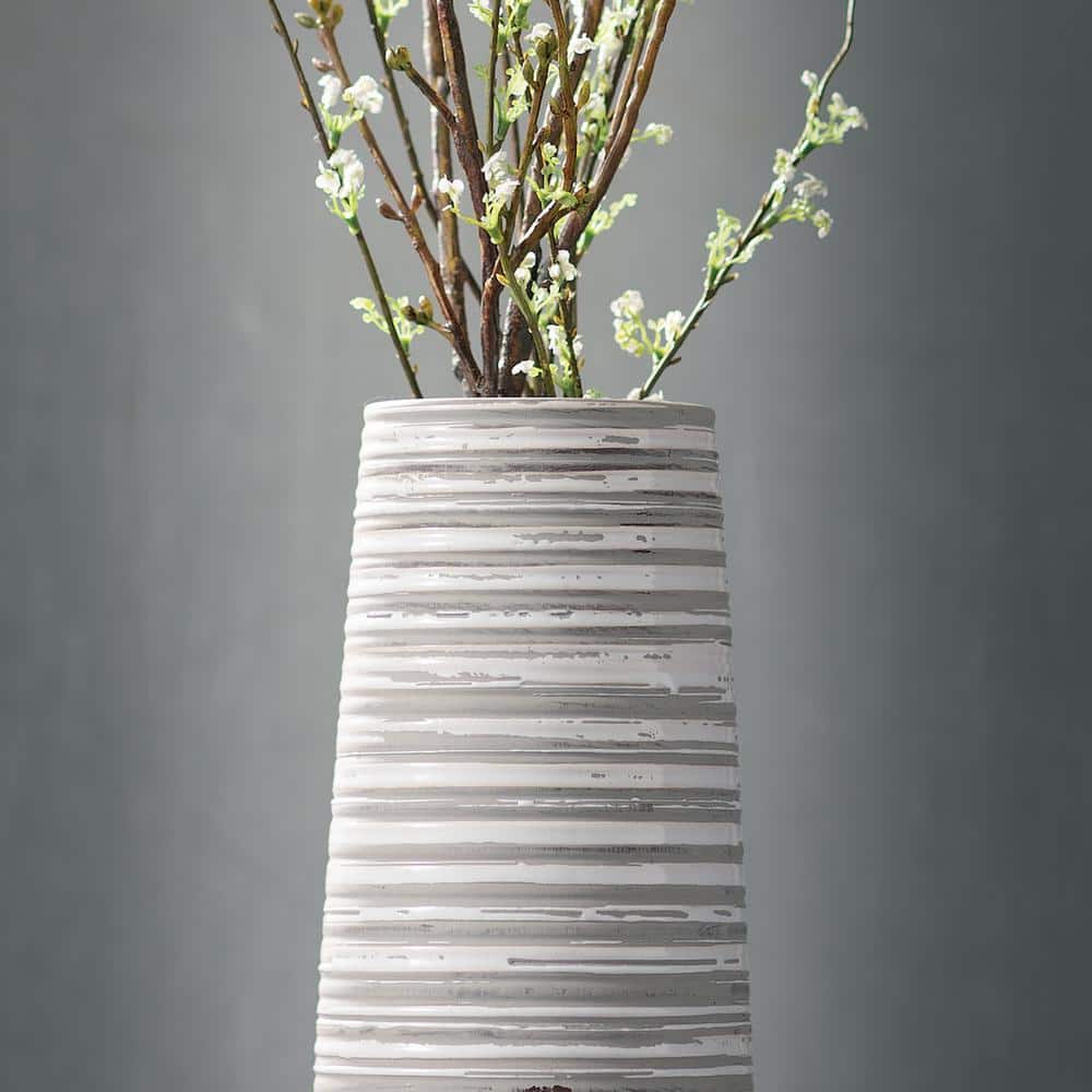 Gray and White Striped Ceramic Decorative Vase 12"