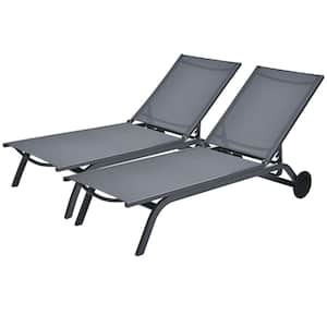 Grey Set of 2 Patio Chaise Lounge Chair Aluminum Adjustable Recliner with Wheels