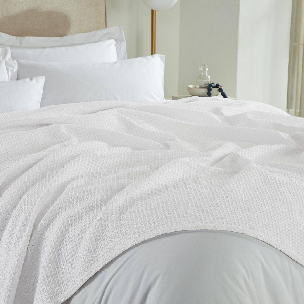 King Size White Cotton Waffle Weave Reversible Blanket