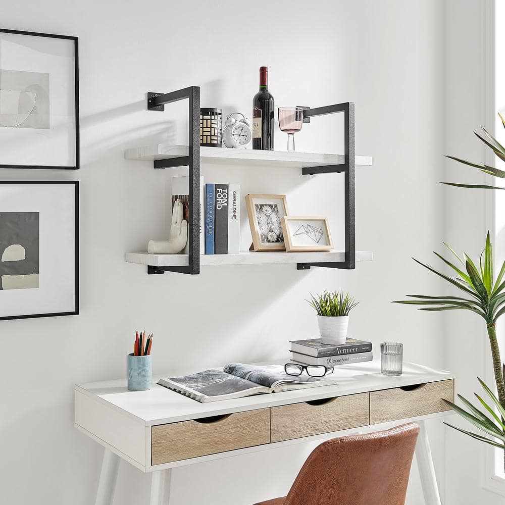 White Birch and Black Iron 2-Tier Floating Wall Shelf