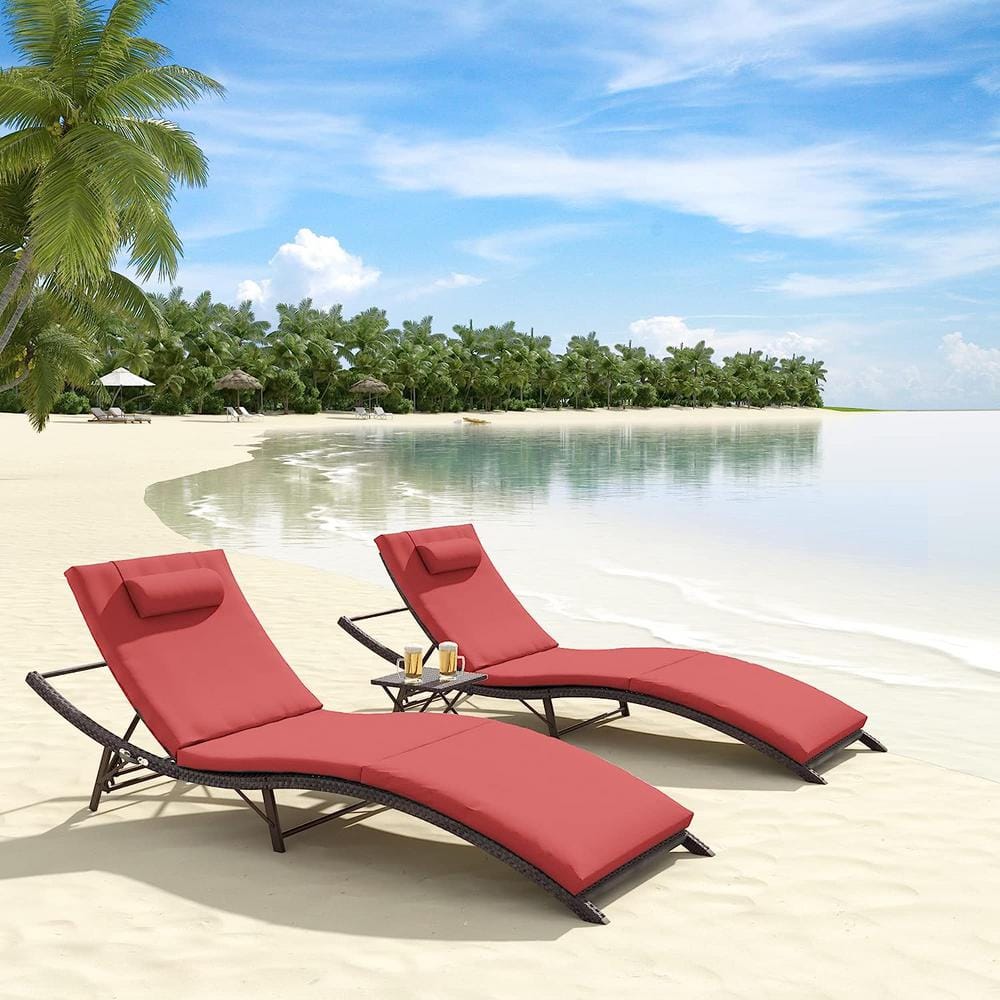 Halmuz 3Piece Wicker Outdoor Adjustable Chaise Lounge with Cushion Red TangyiRed The Home Depot