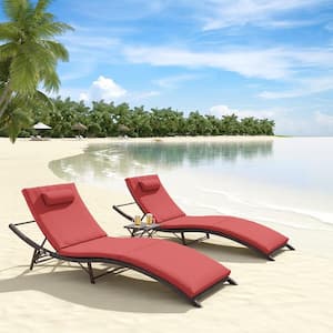 3-Piece Wicker Outdoor Adjustable Chaise Lounge with Cushion Red