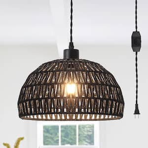 Derica 1-Light Black Plug-In Woven Rattan Dome Boho Pendant Light with Hand-Woven Rattan Shade with 14.76 ft. Cord