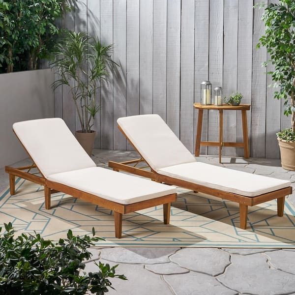 Nadine Teak Brown 2-Piece Wood Outdoor Patio Chaise Lounge with Cream Cushions