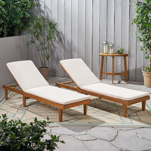 Noble House Nadine Teak Brown 2-Piece Wood Outdoor Chaise Lounge with Cream Cushions