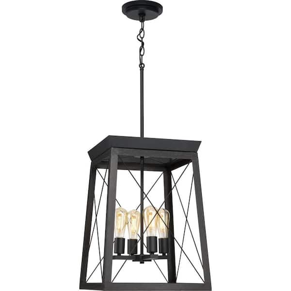 Briarwood 21 in. 4-Light Textured Black Farmhouse Foyer Chandelier with Painted Ceruse Black Oak Frame