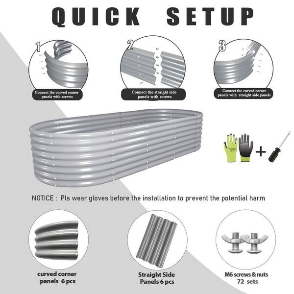 Unbranded - 8 x 3 x 2 ft. Light Grey Oval Galvanized Metal Raised Garden Beds