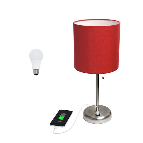 Creekwood home 19.5 in. Contemporary Bedside USB Port Base Standard Metal Table Desk Lamp in Brushed Steel, Red Shade, with LED Bulb