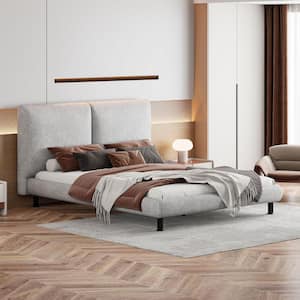 Beige Wood Frame Queen Polyester Upholstered Platform Bed with 2 Large Headrests, Mattress Embedded Design, Support Legs