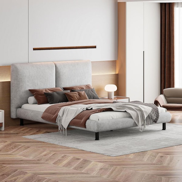 Harper & Bright Designs Beige Wood Frame Queen Polyester Upholstered Platform Bed with 2 Large Headrests, Mattress Embedded Design, Support Legs