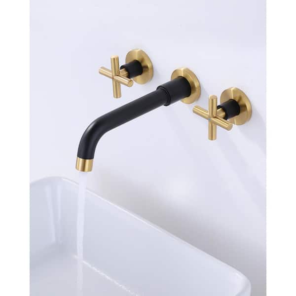 Double Handle Wall Mounted Bathroom Faucet in Black and Gold, Swivel Spout Basin Faucet with Rough-in Valve