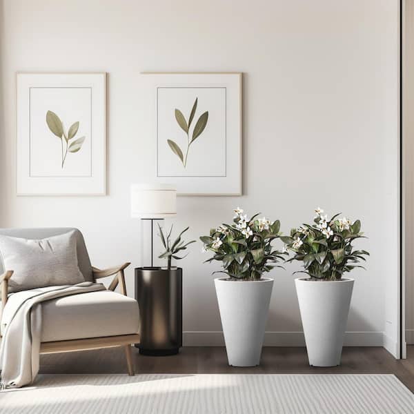 Sapcrete Large and Tall 18in. High Round Frost White Plastic Planter Pots for Indoor/Outdoor Plants Set of 2