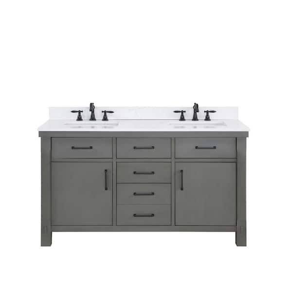 ROSWELL Viella 60 in. W x 22 in. D x 34 in. H Double Sink Bath Vanity in Rust Grey with White Composite Countertop