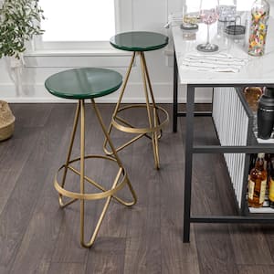 Spiroa 30 in. Modern Industrial Metal Backless Circular Bar Stool, Green Seat with Gold Frame