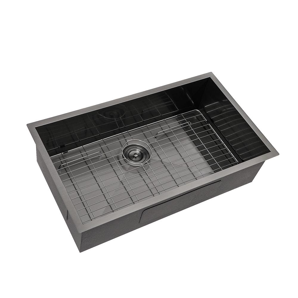 Loile 33 in. Undermount Single Bowl 18-Gauge Gunmetal Black Stainless Steel Kitchen Sink with Grid, Rack and Strainer -  Modland, HD1664P3421