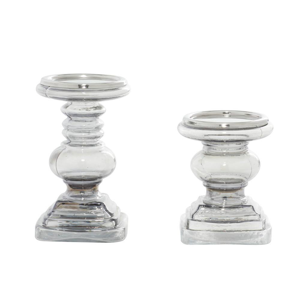 Translucent Silver Glass Pillar Candle Holder Set with Pedestal Base