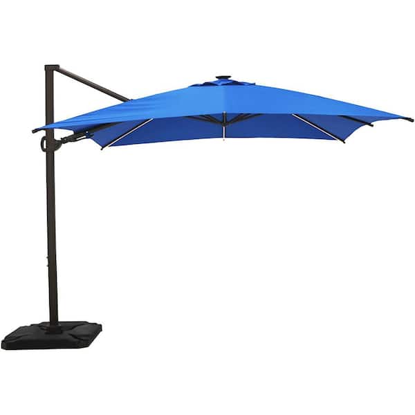 LAUREL CANYON 10 ft. x 10 ft. 360-Degree Rotating Aluminum Cantilever Solar Light Patio Umbrella with Base Weight in Blue