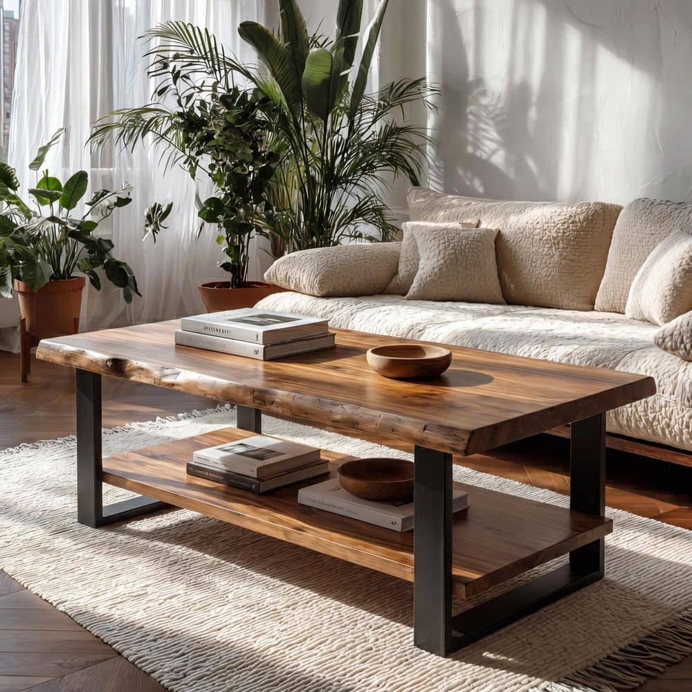 Allan Coffee Table with Shelf and Metal Frame, 47 in. Brown&Black Rectangle Wood Coffee Table for Living Room