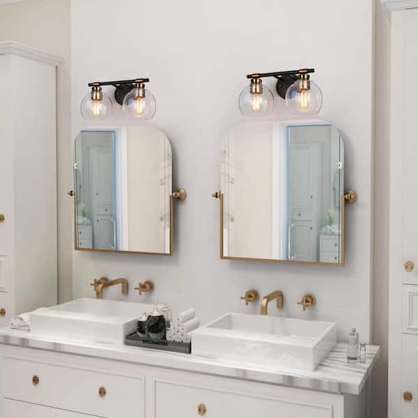 14 in. 2-Light Modern Black Bathroom Vanity Light, Rustic Vintage Brass Vanity Light, Globe Seeded Glass Wall Sconce