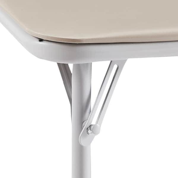 Folding Card Table 33.8 in. Portable Square Beige Metal Desk with Collapsible Legs and Vinyl Upholstery