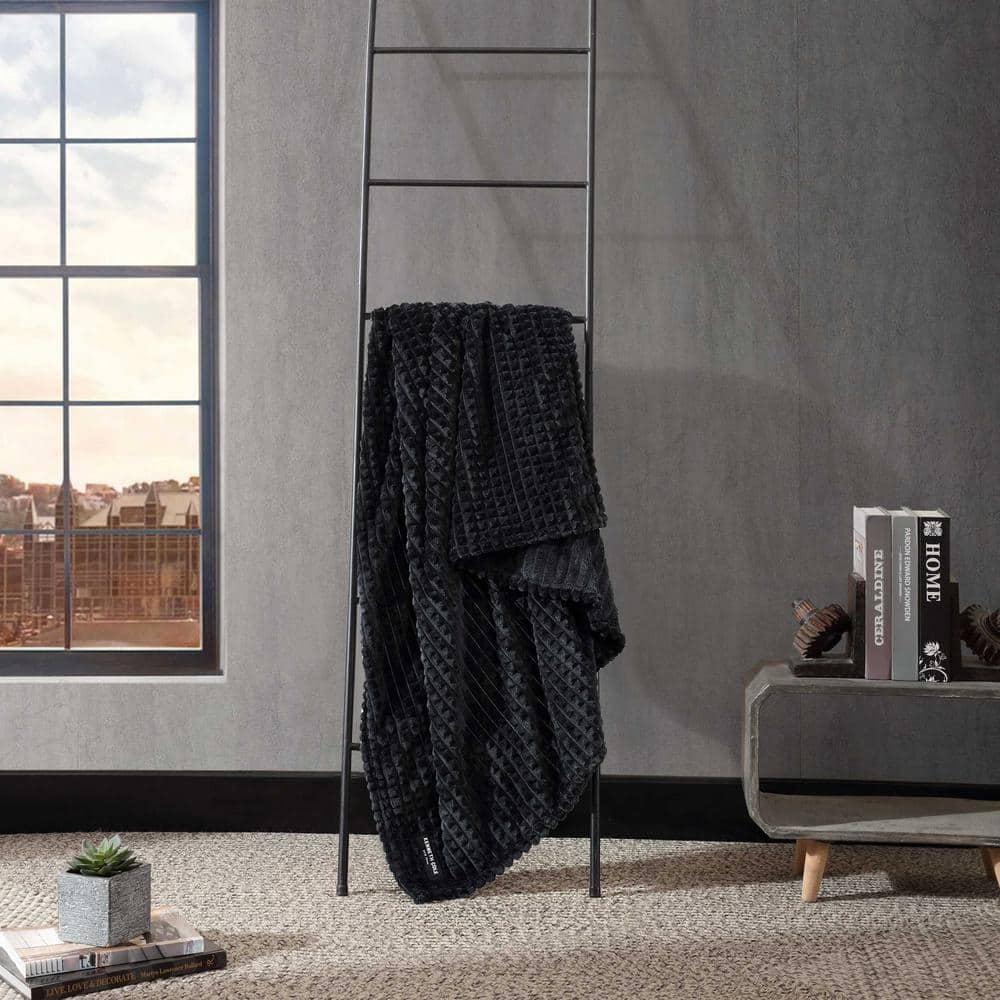 Kenneth Cole Black Textured Plush Reversible Throw Blanket