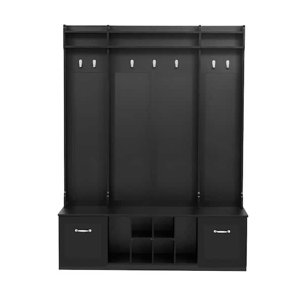 Polibi Modern Hall Tree with Coat Rack, 7 Sturdy Hooks, 2 Spacious Drawers and Adjustable Shelves, Metal Handles, Black