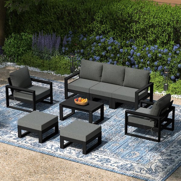 Endless Black Frame with Gray Cushions Outdoor 8-Piece All Weather Plastic Sofa Lounge Chair Patio Conversation Set