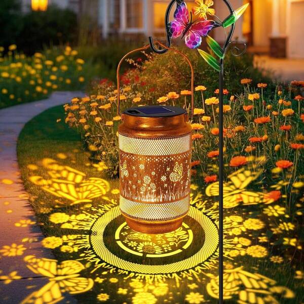 7 in. x 33 in. Bronze Metal Butterfly Solar Lanterns Outdoor
