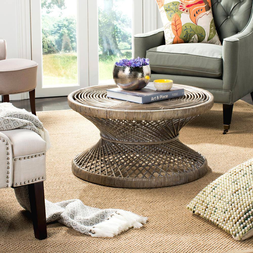 Transitional Grey Round Wicker Coffee Table