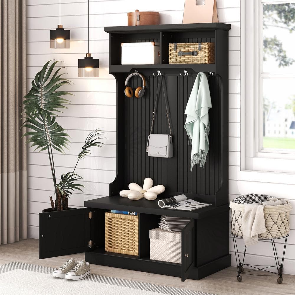 35.5 in. W x 18.3 in. D x 64.4 in. H Black Hall Tree Linen Cabinet with 4-H