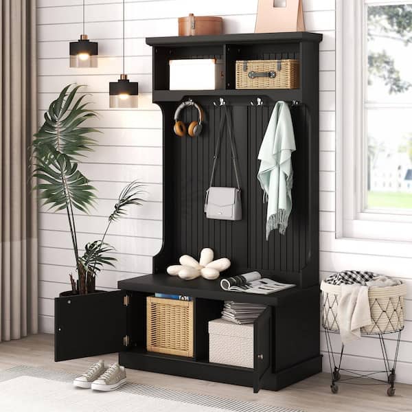Unbranded 35.5 in. W x 18.3 in. D x 64.4 in. H Black Hall Tree Linen Cabinet with 4-Hooks and 2-Doors