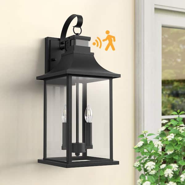 Decorators 19.5 in. 2-Light Black Farmhouse Hardwired Aluminum Outdoor Sconce with Motion Sensor, Tempered Glass Shade