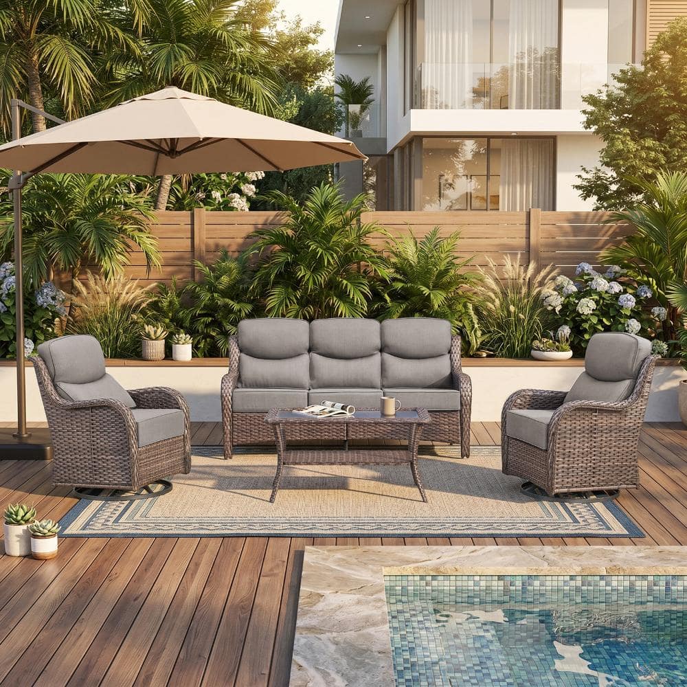 Novaswivel Brown 4-Piece Wicker Patio Conversation Set with 6 in. Olefin Gray Cushions, 2 Swivel Chairs & Coffee Table price history on PriceWatchPro