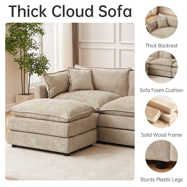 GOJANE 112.2 in. Square Arm L-Shaped Chenille Deluxe Pillow-Styled Modular Sectional Sofa in. Coffee with 1 Ottoman 2187Coffee-3+1