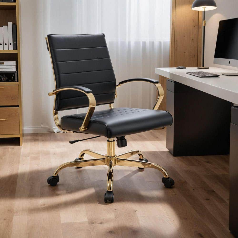 Benmar Leather Mid-Back Office Chair with Armrests and Adjustable Height, Tilt, Swivel in Gold Stainless Steel, Black