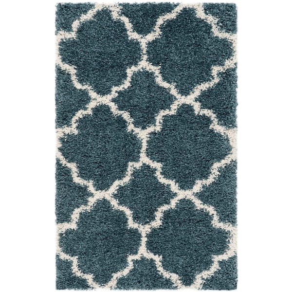 SAFAVIEH Hudson Shag Slate Blue/Ivory Doormat 2 ft. x 4 ft. Geometric Quatrefoil Area Rug