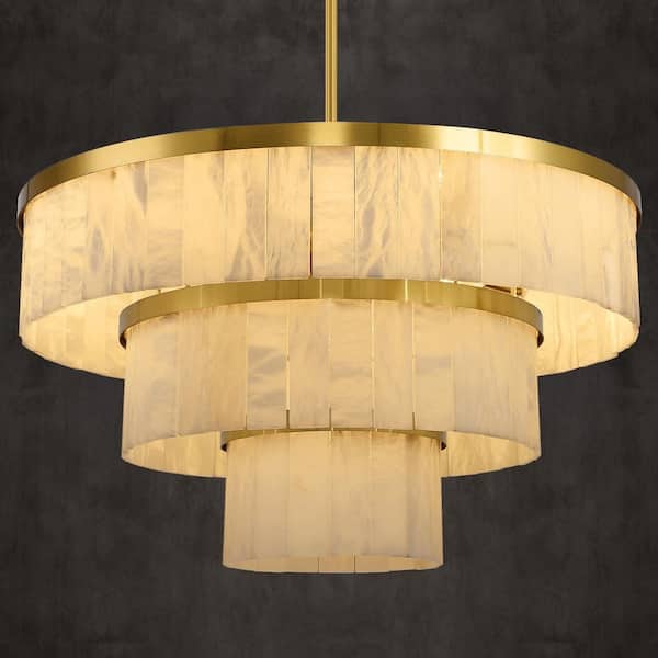 34 in. 15-Light Dimmable Alabaster Brass LED Round 3-Tiers Chandelier, for Living Room, Dining Room, Kitchen Island