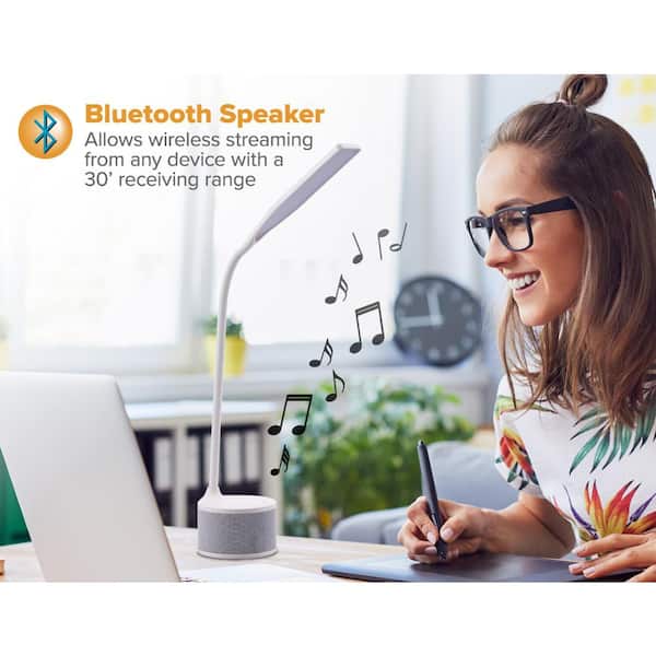 14 in. White LED Desk Lamp with Bluetooth Speaker