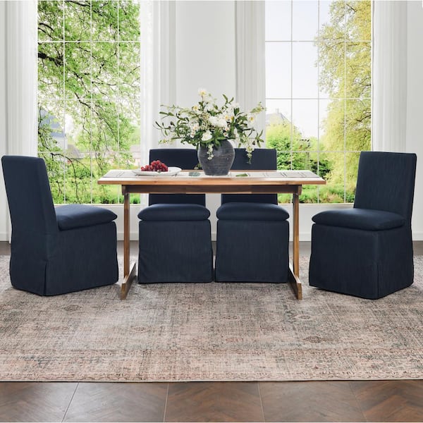 Indigo Performance Fabric Slipcover Upholstered Dining Side Chair with Casters (Set of 4)