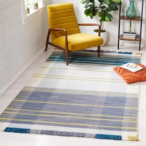 Striped Kilim Beige Teal Doormat 3 ft. x 5 ft. Plaid Striped Area Rug