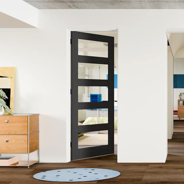 30in. x 80in. 5 Lite, Clear Glass, Black, Composite MDF Prehung Interior Door Left-Handed with Jamb and Hardware Kit
