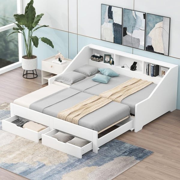 Harper & Bright Designs White Convertible Twin to King Wood Daybed with Storage Bookcases, 2-Drawers and USB Charging