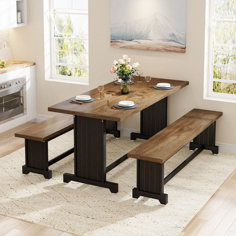 BYBLIGHT 3-Piece Rectangular Black Brown Engineered Wood Top Dining Room Set Kitchen Table (Set ...
