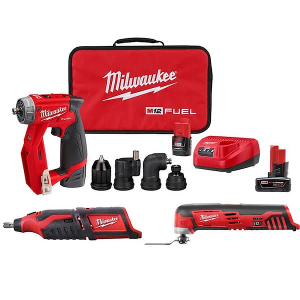 Milwaukee M12 FUEL 12V Li-Ion Cordless 4-in-1 Installation 3/8 in. Drill Driver Kit w/Multi-Tool, Rotary Tool & 6.0 Ah Battery